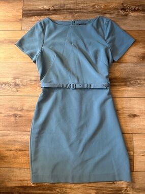 Ann Taylor Short-Sleeve Belted Sheath Dress in Slate Blue